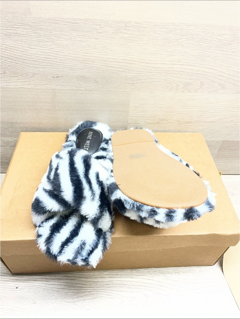 Nine West Black and White Faux Fur Slide Slippers #370